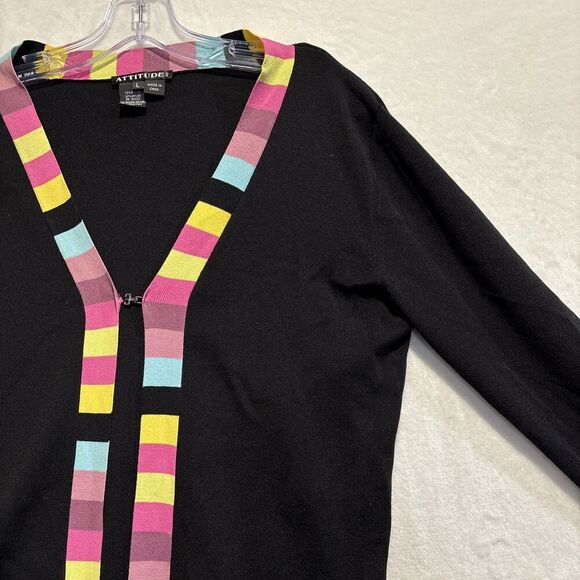 Attitude Knit Single Hook Closure Cardigan Large Black Color block Trim Stretch - Picture 13 of 14